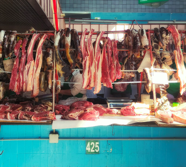 Meet stall with meat hanging 